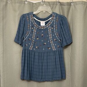 Knox Rose Blue and White Puff Sleeve Embellished Blouse